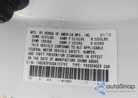 2013 Honda Accord Ex-L z USA, uszkodzony, nr VIN 1HGCR2F82DA103742